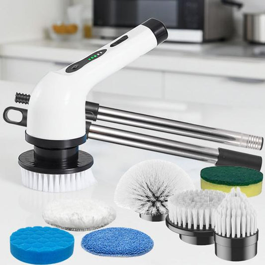 Brosse de Nettoyage Électrique Multifonction 9-en-1 – Sans Fil, Manche Télescopique, Rotation 360° et Double Vitesse