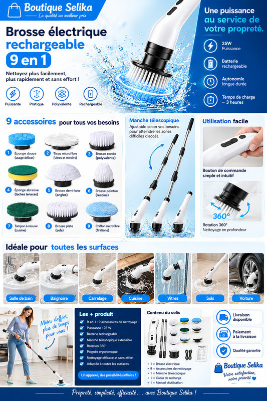 Brosse de Nettoyage Électrique Multifonction 9-en-1 – Sans Fil, Manche Télescopique, Rotation 360° et Double Vitesse